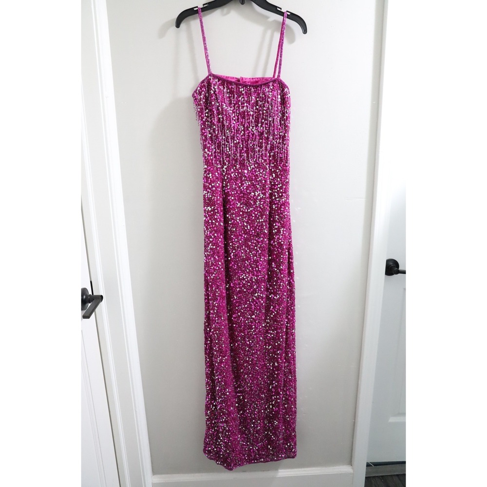 Scala 47626L Magenta Silk Sequin Beaded Fringe Formal Gown Open Back NWT Size S
